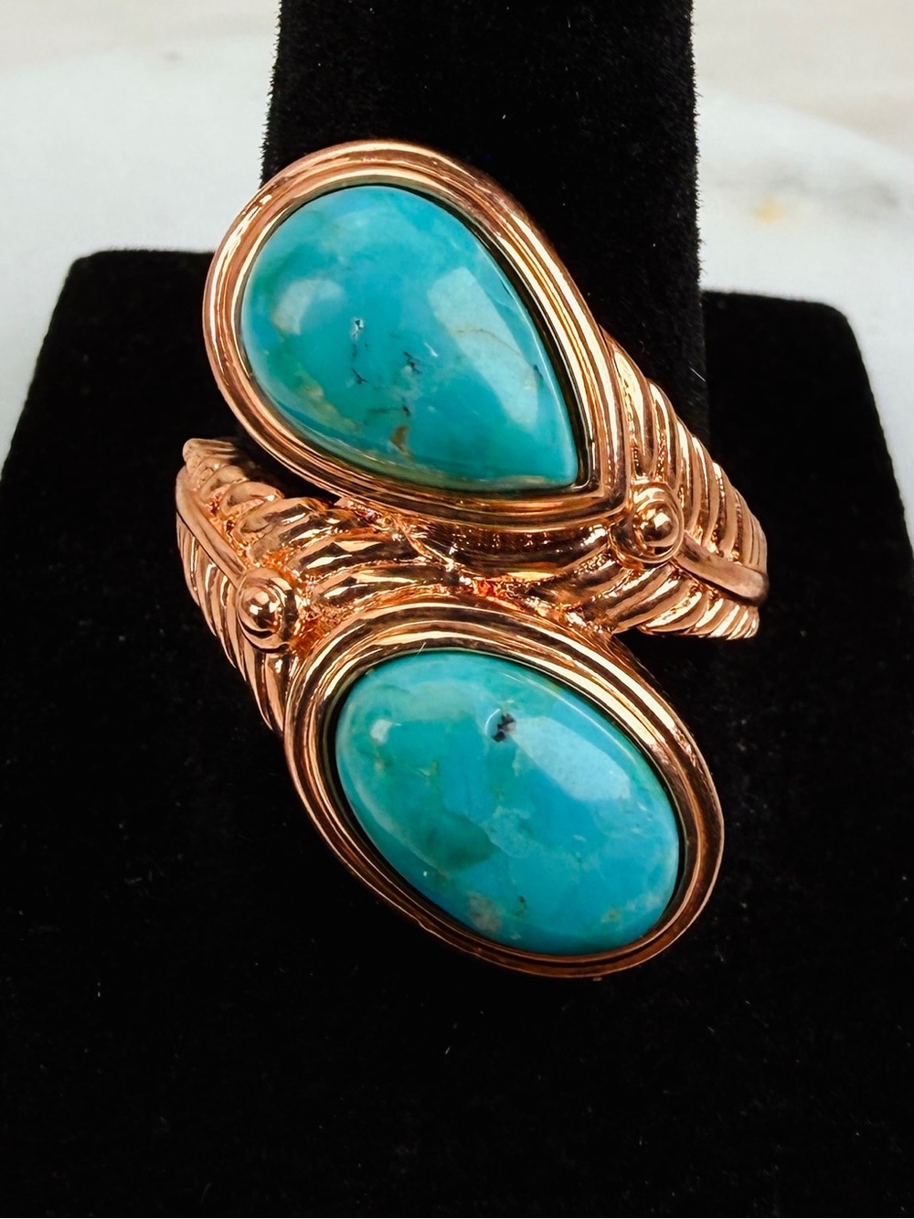 Turquoise Blue Double Cabochon Rose Gold Tone Statement Ring Size 8